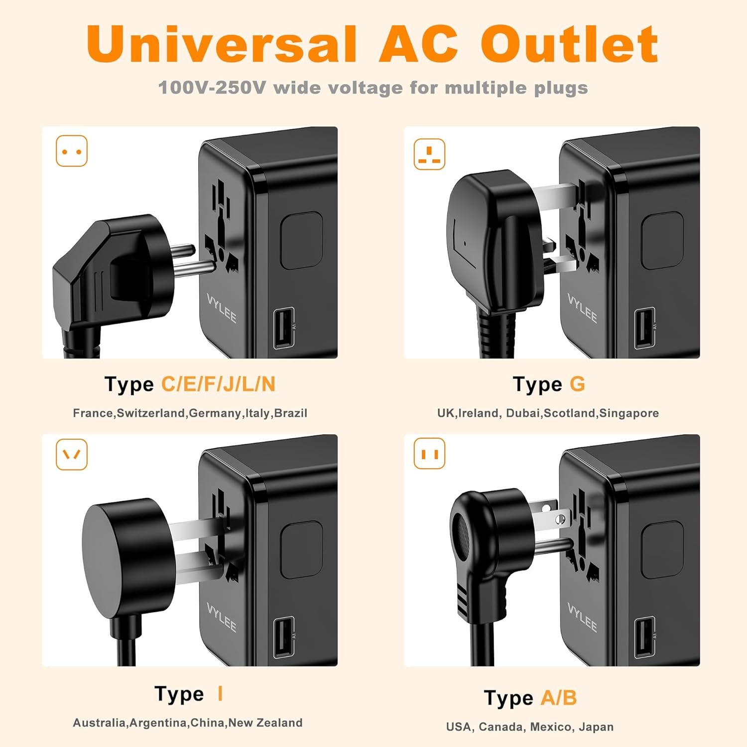 VYLEE Universal Travel Adapter, PD45W GaN Internat... - Image 6
