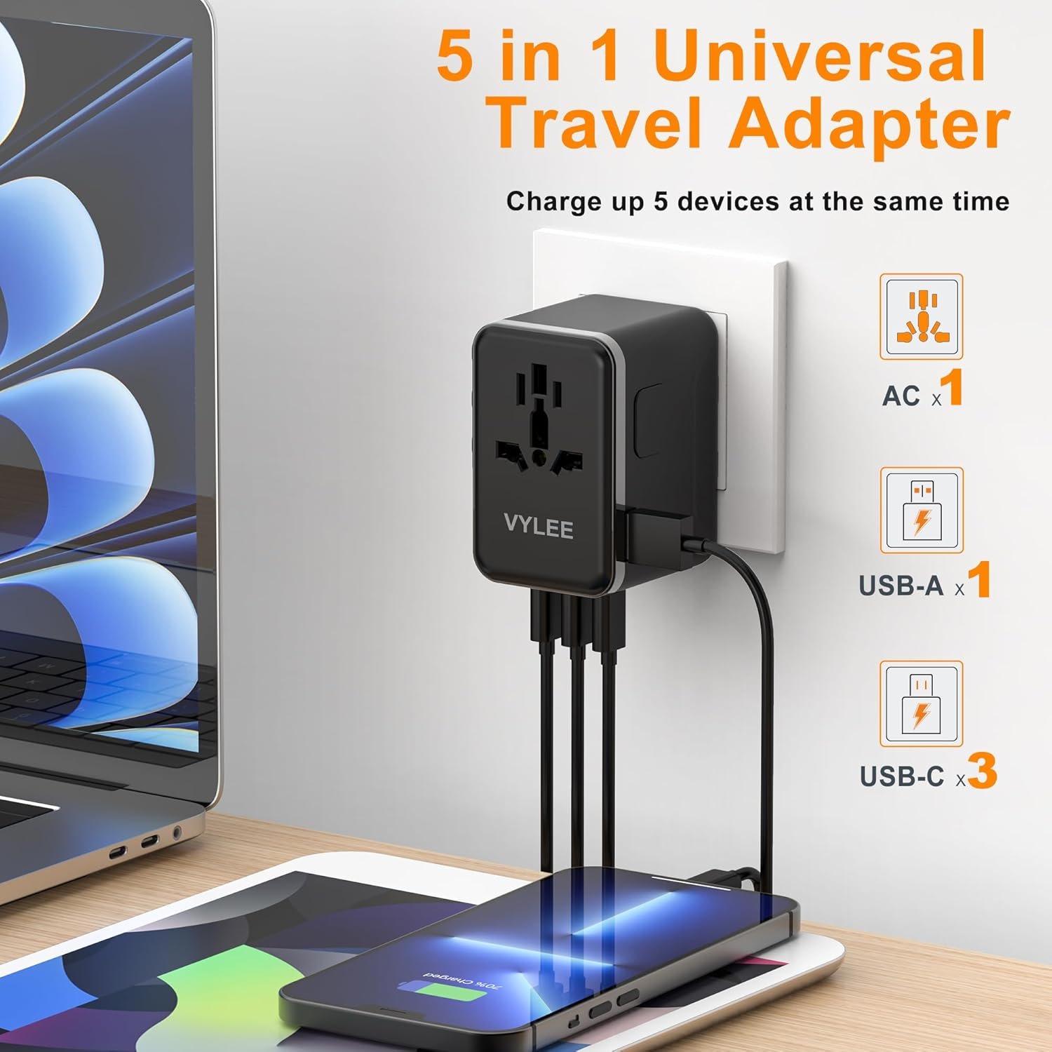 VYLEE Universal Travel Adapter, PD45W GaN Internat... - Image 3