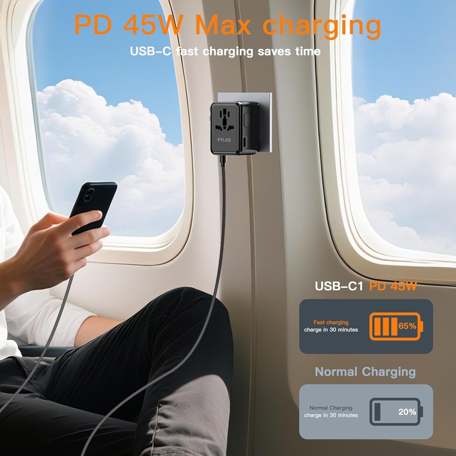 VYLEE Universal Travel Adapter, PD45W GaN Internat... - Image 4