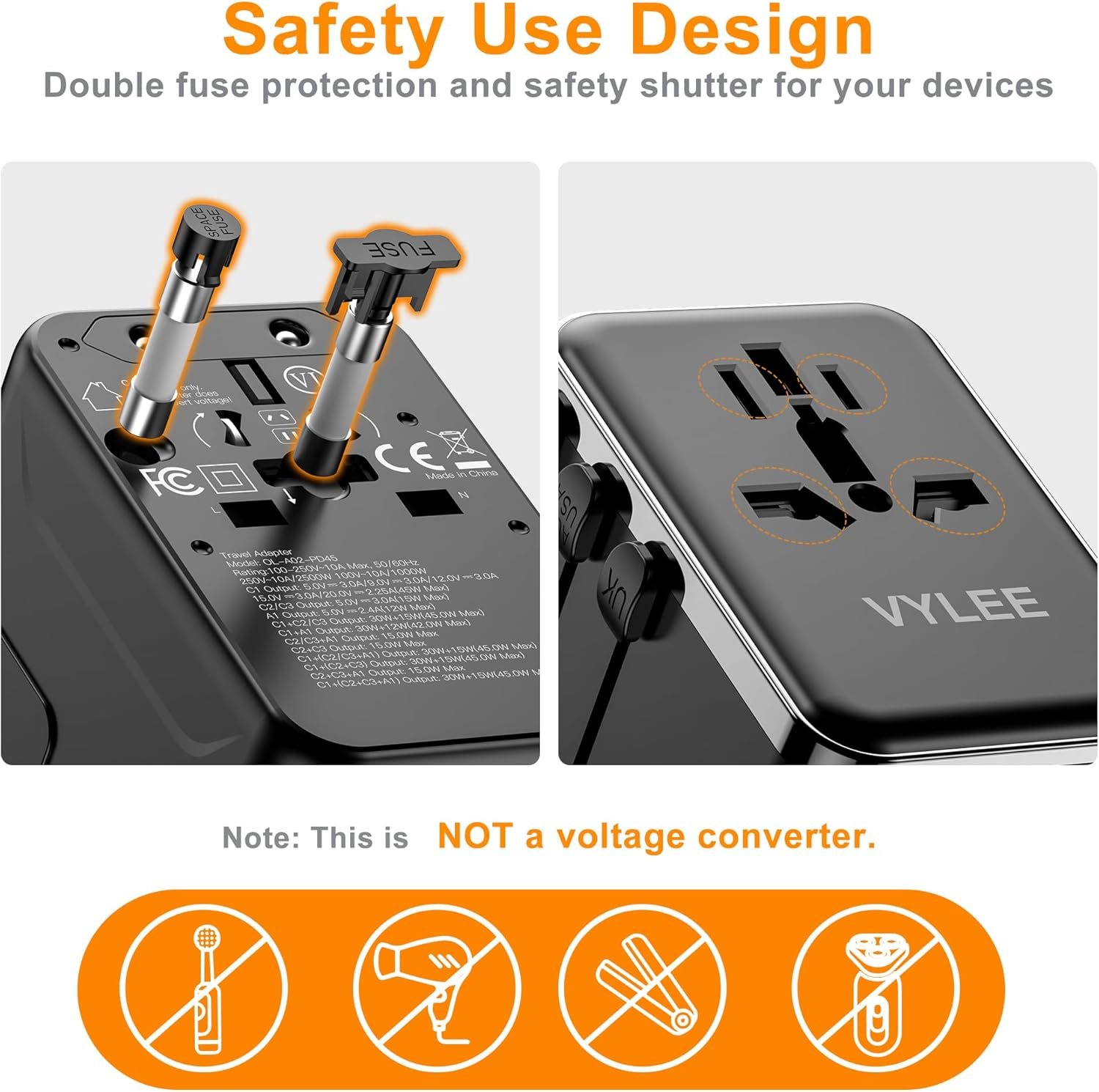 VYLEE Universal Travel Adapter, PD45W GaN Internat... - Image 8