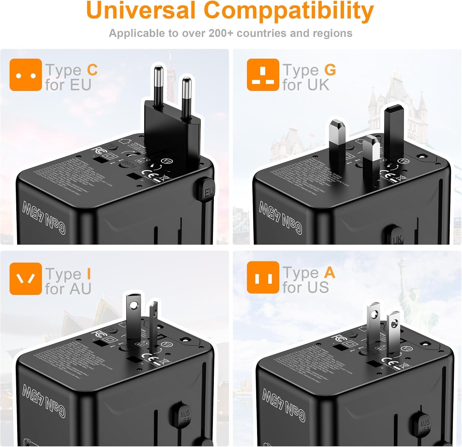 VYLEE Universal Travel Adapter, PD45W GaN Internat... - Image 5