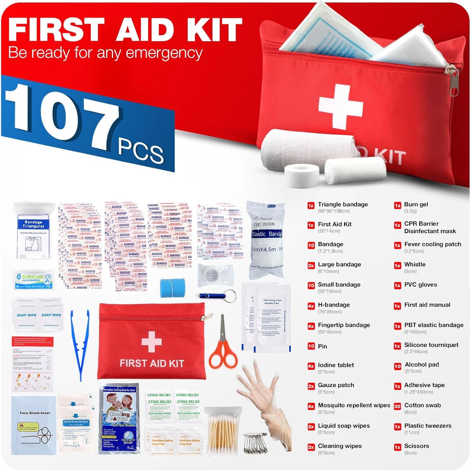 First Aid Kit for Home Car Travel 107 Piece Emerge... - Image 3