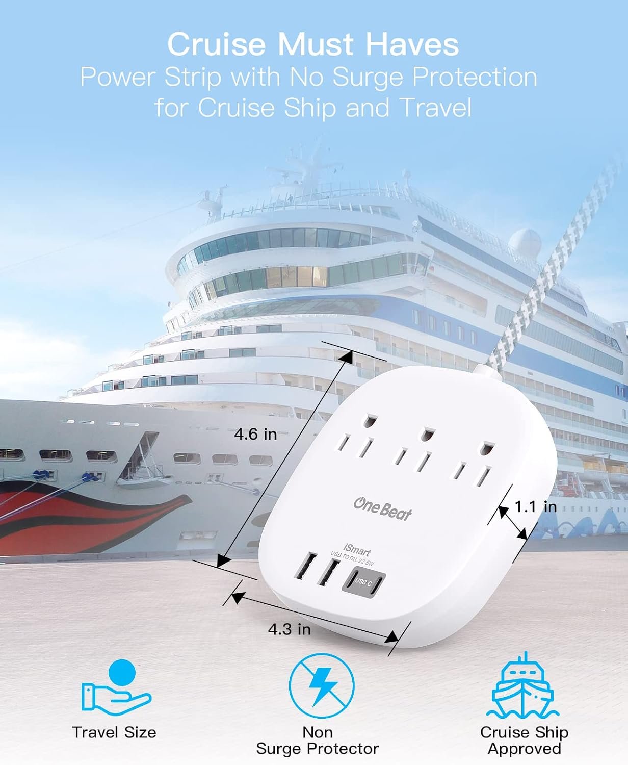 Travel Essentials, 22.5W/4.5A Flat Plug Power Stri... - Image 4